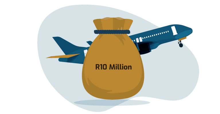 An airplane and a bag of money showing R10 million 