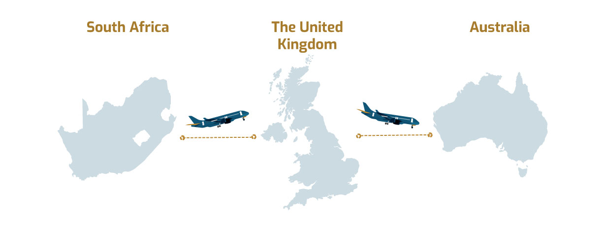 A plane flying between South Africa, the UK and Australia