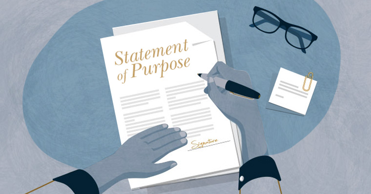 Hands writing a statement of purpose next to a pair of glasses and pile of sticky notes