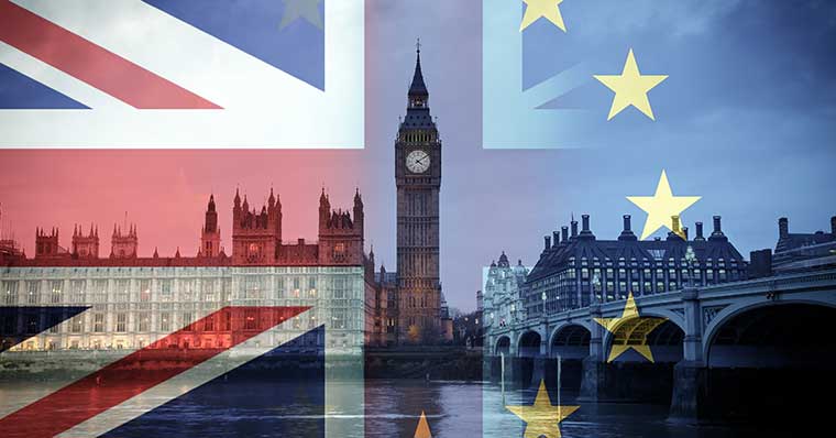 EU and British Flat with Big Ben backdrop