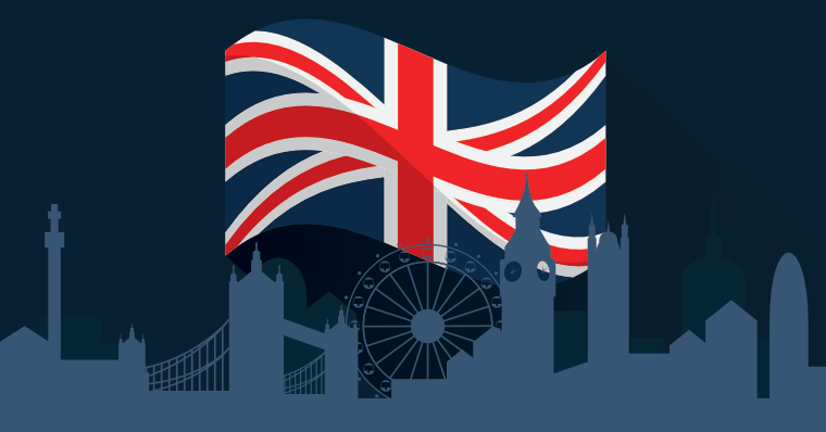 London skyline and British flag