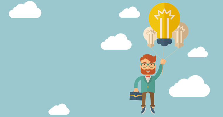 Man floating with lightbulbs