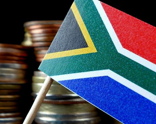 Coin pile behind South African flag
