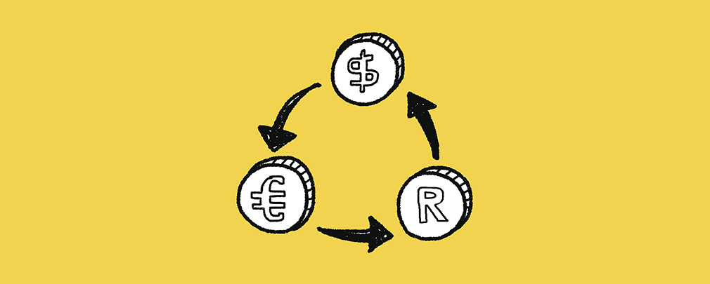 Dollar Euro Rand cycle recycle symbol with currencies