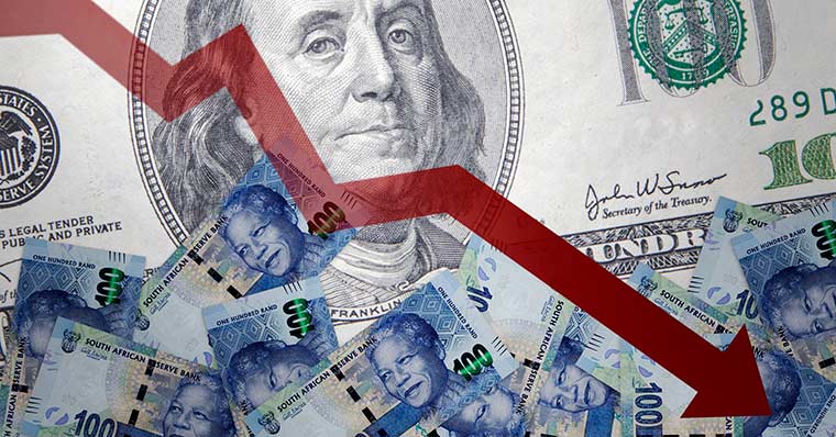 Dollar and rand depreciation arrow 