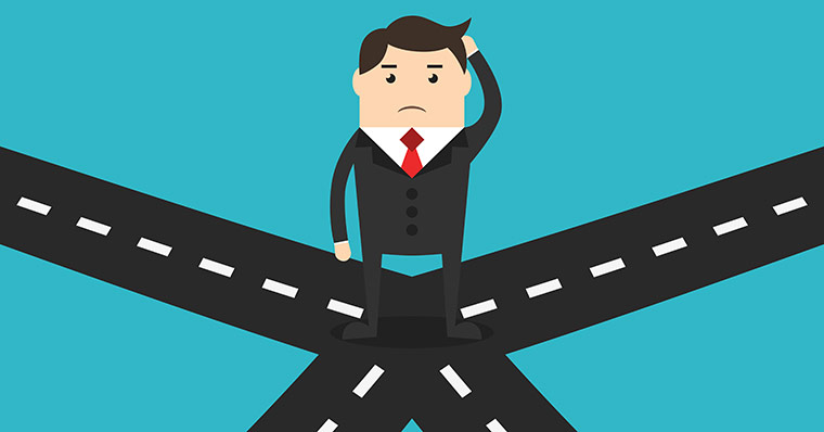 Graphic of a confused businessman on crossroads