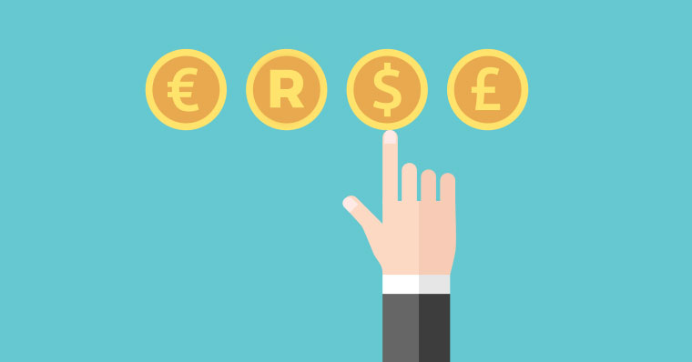 hand pointing towards different currency symbols