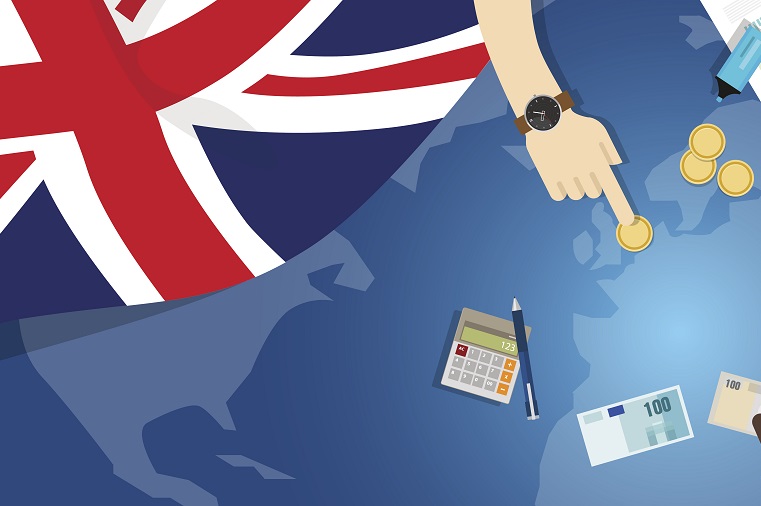UK flag overlapping cartoon counting money