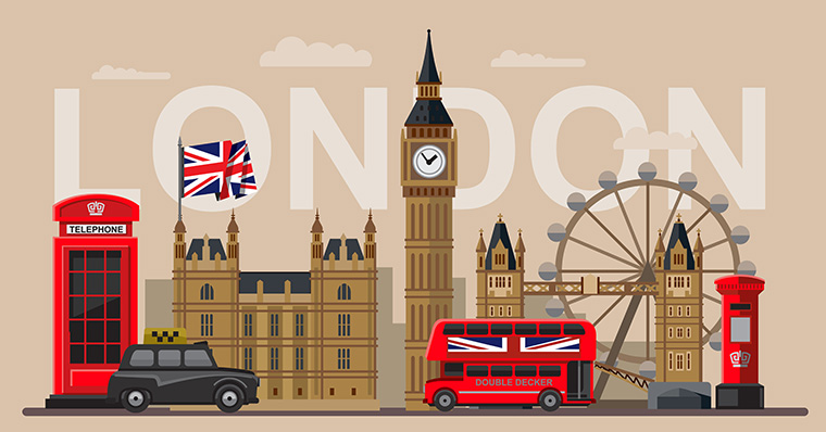 London bus, flag, phone booth and Big Ben