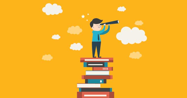 Man standing on books looking through telescope