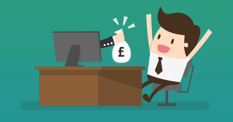 Businessperson cheering for money appearing from computer screen