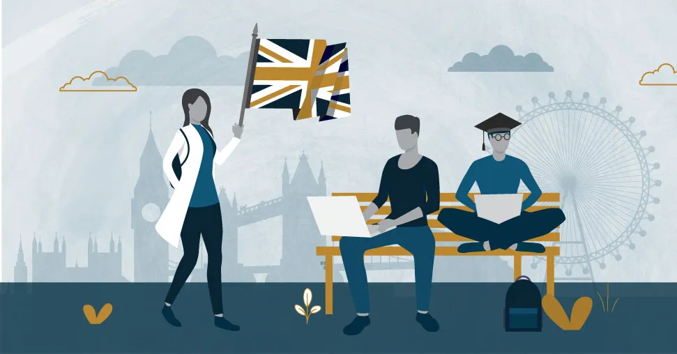 SAB_2023-07_Clearing-Blog Students sitting on a bench and a medical student waving a union jack