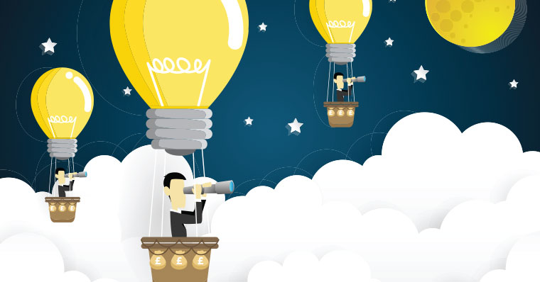 men in hot air balloons with lightbulb balloons 