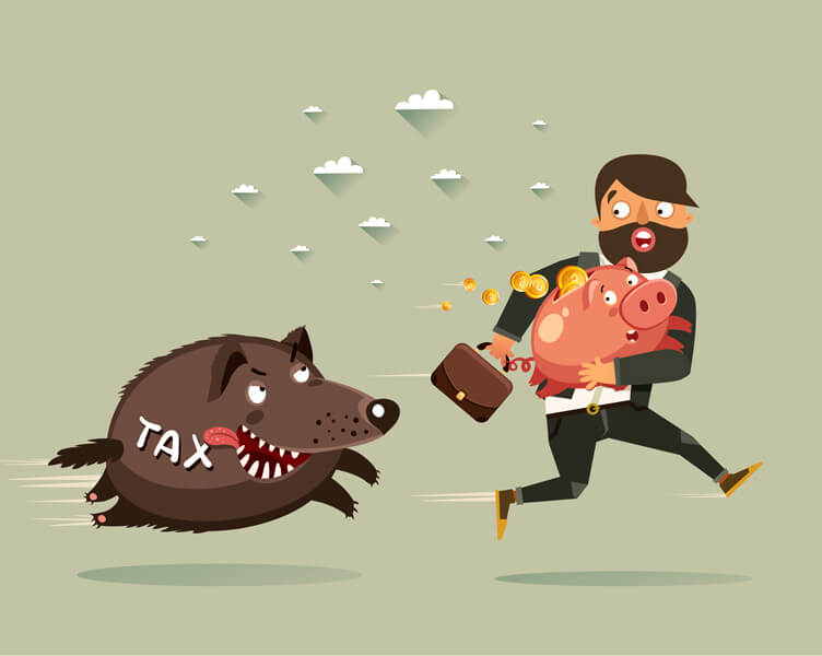 Tax piggy bank man running from tax