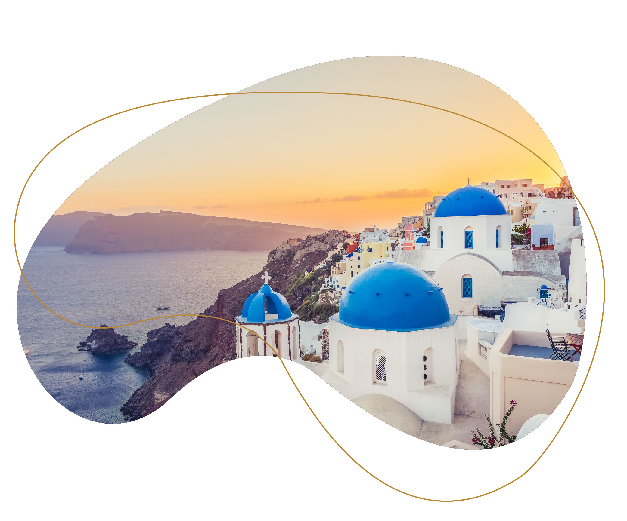 Bean-shaped image of a Greek coastline with iconic blue-roofed buidlings