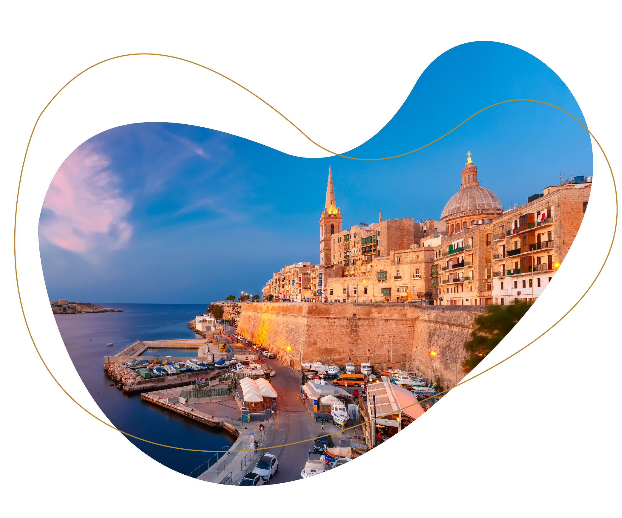 Bean-shaped image of a Maltese coastline with large buildings